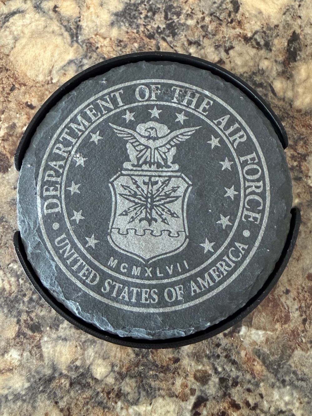 Hand Crafted Laser Engraved Slate Coaster Set with Air Force Emblem - Black/Gray